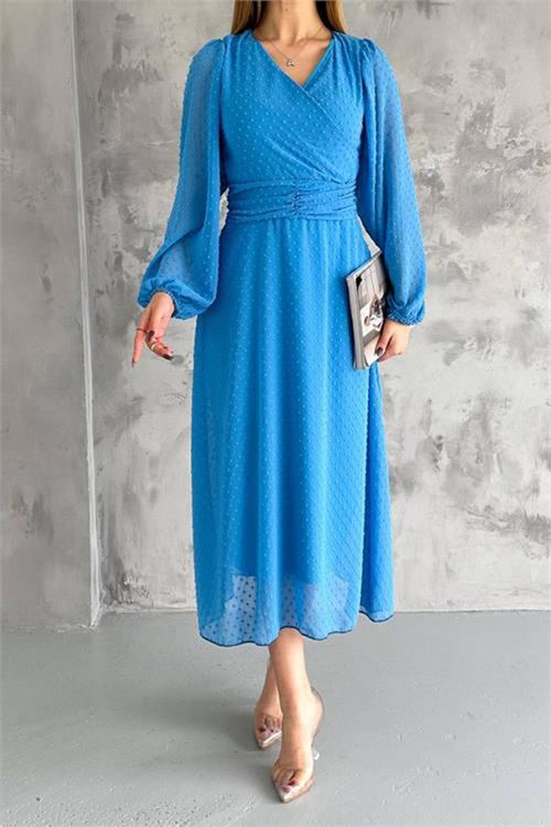 Neşeli butik kadın kemer detaylı astarlı ponpon şifon elbise NBKKLF2052