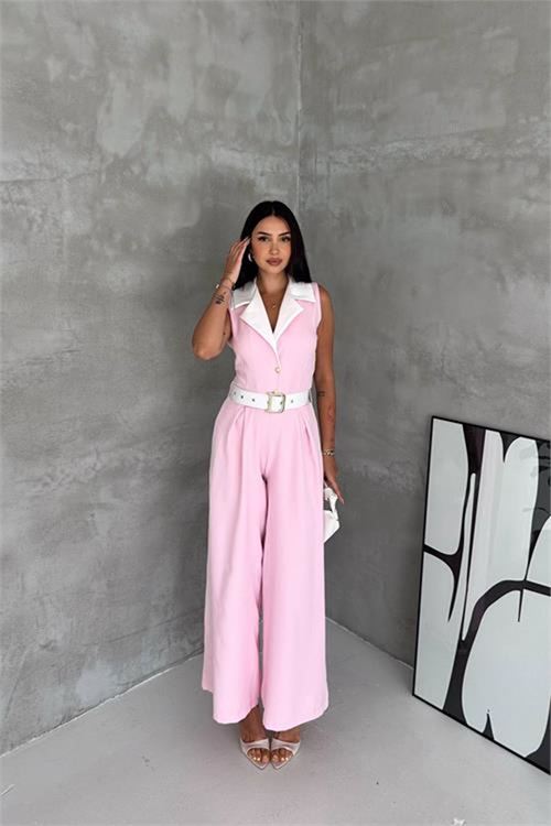 Neşeli butik kadın pembe çift renkli kemerli şerit detaylı tam boy kolsuz tulum NBK087