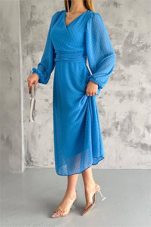 Neşeli butik kadın kemer detaylı astarlı ponpon şifon elbise NBKKLF2052