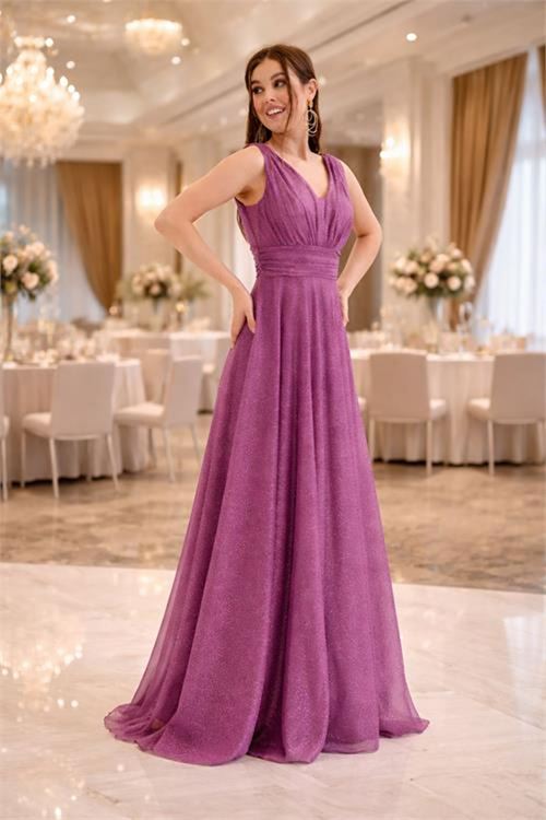Neşeli butik kadın mor v yaka simli tül abiye elbise NBS9223