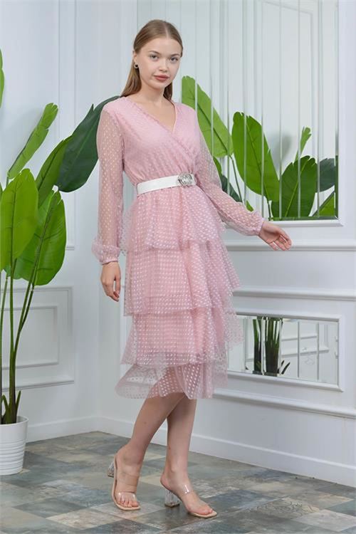 Neşeli butik kadın kemerli eteği kat kat yeni sezon tül elbise NB10006