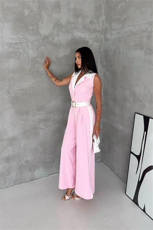 Neşeli butik kadın pembe çift renkli kemerli şerit detaylı tam boy kolsuz tulum NBK087