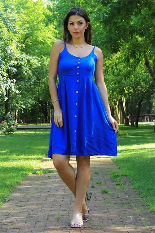 Neşeli butik kadın mavi askılı düğme detaylı yazlık elbise LPTR01