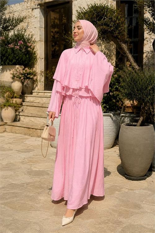 Neşeli butik kadın pembe kat kat pelerin detaylı tül modal gömlek yaka tesettür elbise NBVQ4968