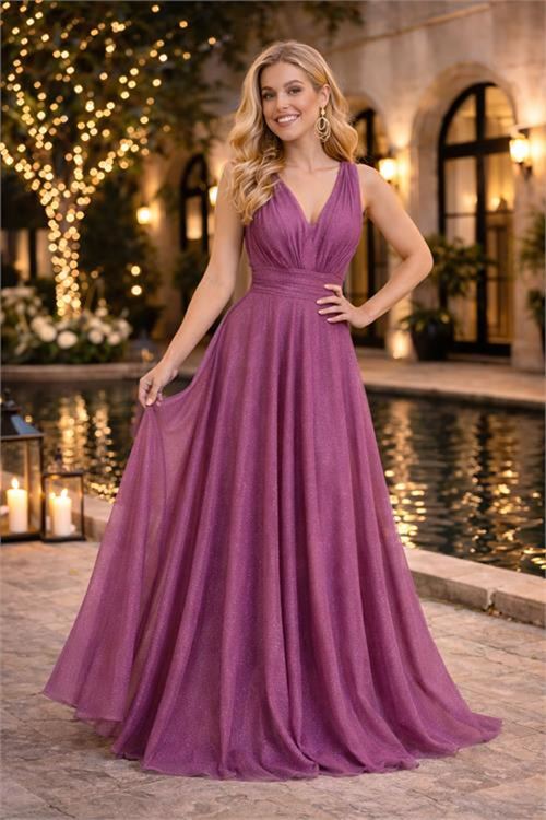Neşeli butik kadın mor v yaka simli tül abiye elbise NBS9223