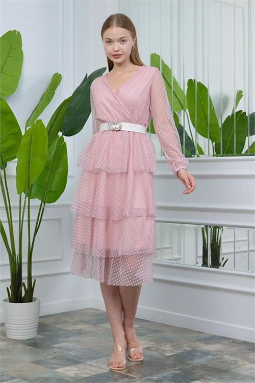 Neşeli butik kadın kemerli eteği kat kat yeni sezon tül elbise NB10006