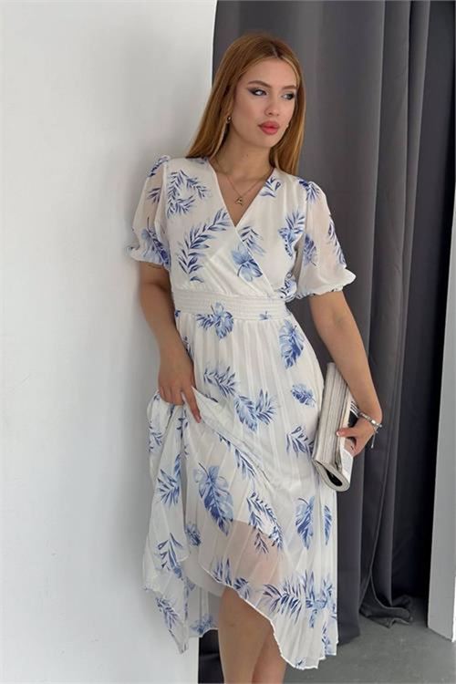 Neşeli butik kadın mavi yeni sezon piliseli yazlık şifon elbise NBQ005