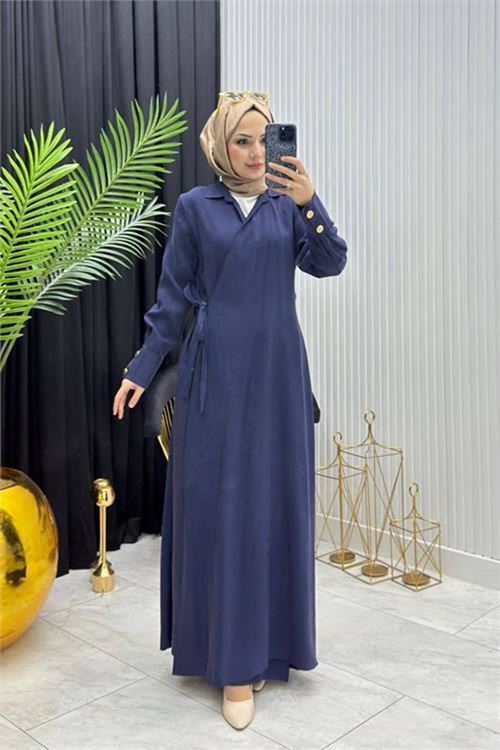 Neşeli butik kadın lacivert kol düğme detaylı beğlamalı tesettür ferace elbise --- NMS097