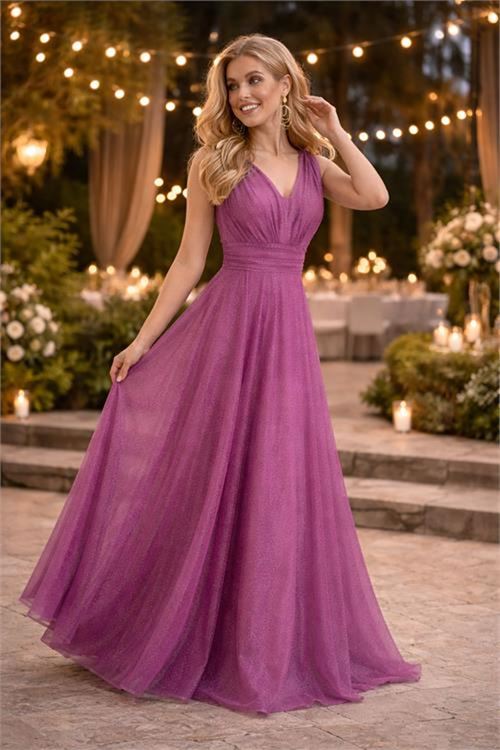 Neşeli butik kadın mor v yaka simli tül abiye elbise NBS9223