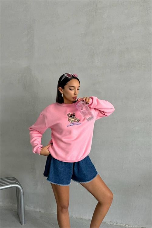 Neşeli butik kadın pembe içi pamuklu nakış detaylı sweat NBG035