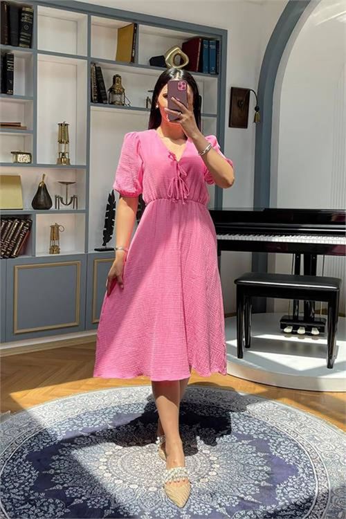 Neşeli butik kadın fuşya müslin kumaş yazlık elbise NBMY3753