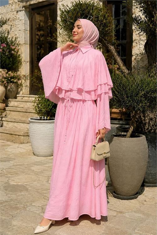 Neşeli butik kadın pembe kat kat pelerin detaylı tül modal gömlek yaka tesettür elbise NBVQ4968