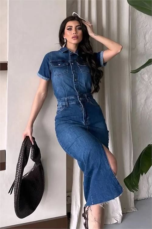Neşeli butik kadın yırtmaçlı cep detaylı kot elbise NBNP005