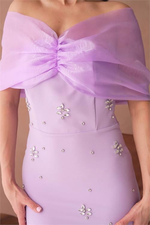 Neşeli butik kadın pembe tül ve taş detaylı abiye elbise NBS9372