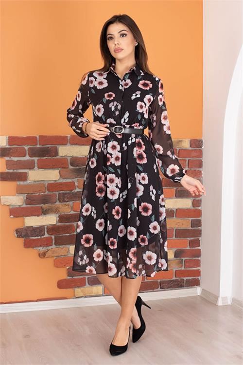 Neşeli butik kadın gömlek yaka kemerli çiçek desenli şifon elbise RY0031