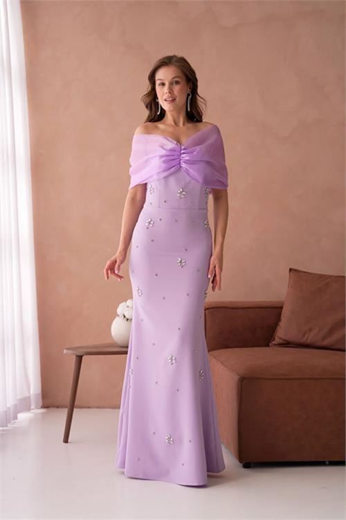 Neşeli butik kadın pembe tül ve taş detaylı abiye elbise NBS9372
