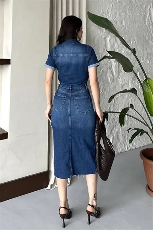 Neşeli butik kadın yırtmaçlı cep detaylı kot elbise NBNP005