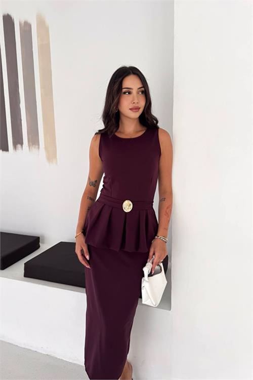 Neşeli butik kadın mürdüm kolsuz peplum kesim midi boy kemer tokalı elbise NBK4640