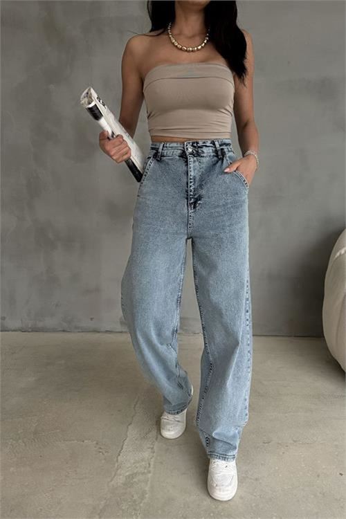Neşeli butik kadın likralı yüksek bel baggy jean NBR001