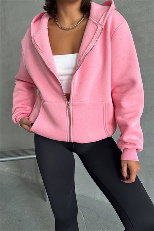 Neşeli butik kadın pembe kapuşonlu içi pamuklu sweat NBG030