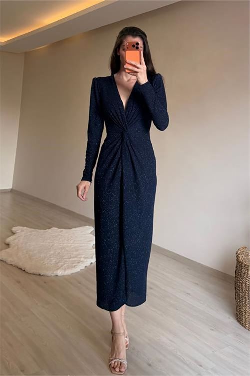 Neşeli butik kadın mavi bel büzgü detaylı yırtmaçlı midi boy abiye elbise NM027