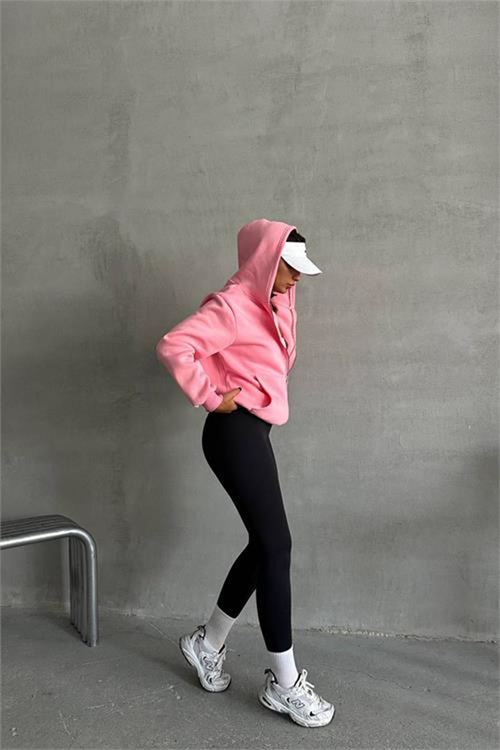 Neşeli butik kadın pembe kapuşonlu içi pamuklu sweat NBG030