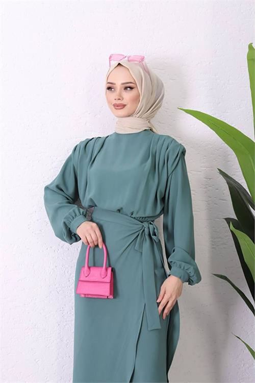 Neşeli butik kadın ithal kumaş etekli tesettür tulum SMS011 - Mint