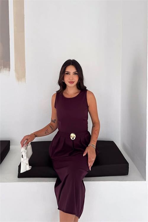 Neşeli butik kadın mürdüm kolsuz peplum kesim midi boy kemer tokalı elbise NBK4640