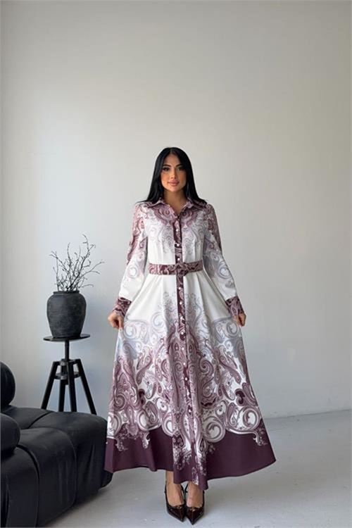 Neşeli butik kadın mor gömlek yaka kemer detaylı desenli tasarım elbise --- NBMS2648
