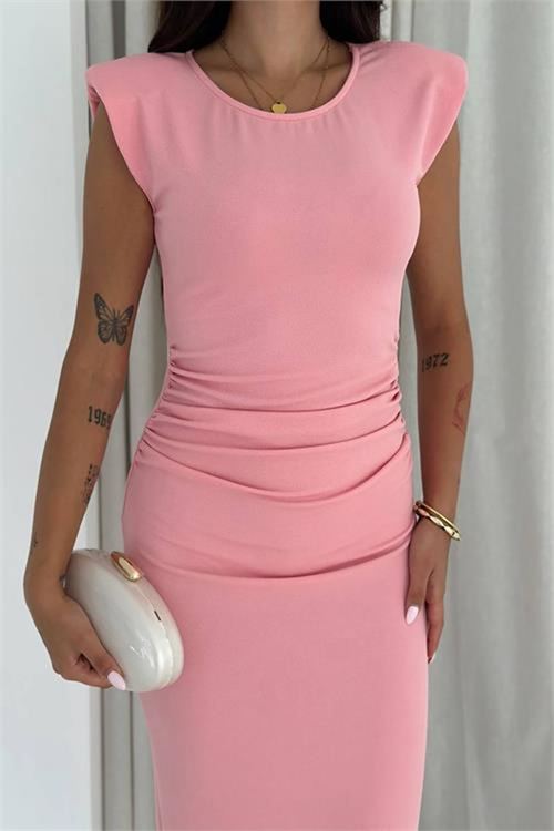 Neşeli butik kadın drapeli pembe midi elbise NBK4246