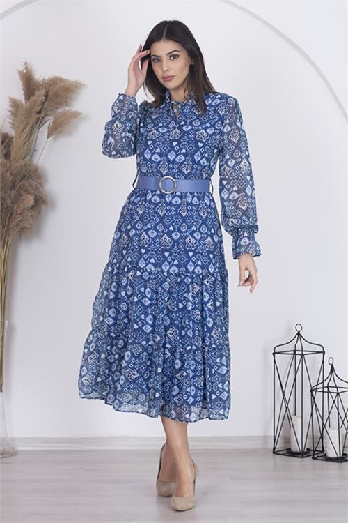 Neşeli butik kadın astarlı etnik desenli şifon elbise RSNB002 - Mavi