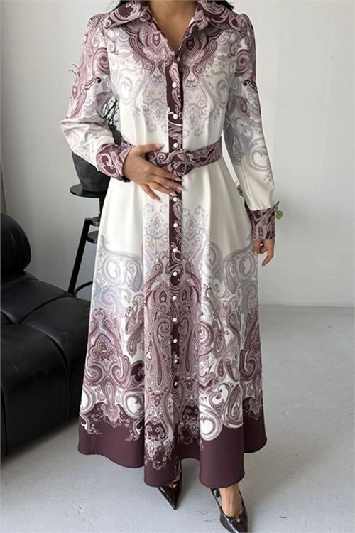 Neşeli butik kadın mor gömlek yaka kemer detaylı desenli tasarım elbise --- NBMS2648