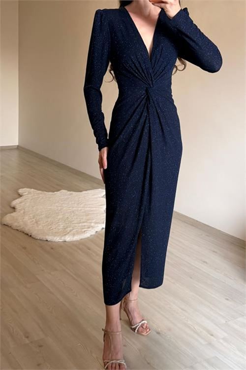 Neşeli butik kadın mavi bel büzgü detaylı yırtmaçlı midi boy abiye elbise NM027