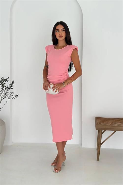 Neşeli butik kadın drapeli pembe midi elbise NBK4246
