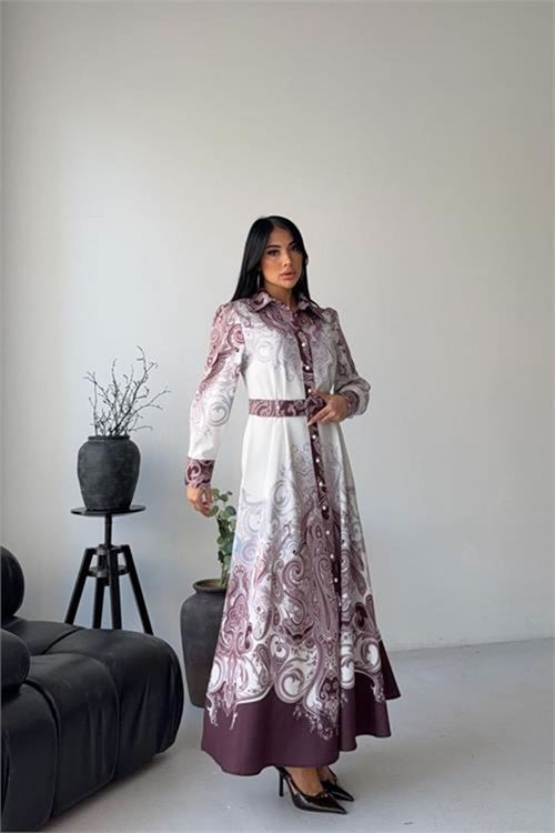 Neşeli butik kadın mor gömlek yaka kemer detaylı desenli tasarım elbise --- NBMS2648