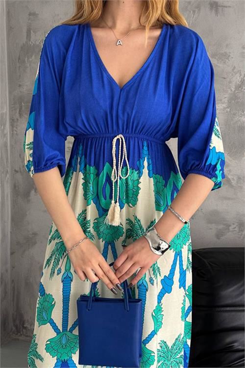 Neşeli butik kadın V-yaka desenli dokuma viskon elbise NBK2092