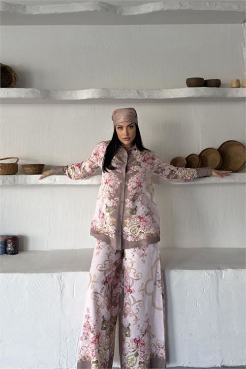 Neşeli butik kadın pembe çiçek desenli ithal kumaş tasarım gömlek pantolon takım NBMS2686
