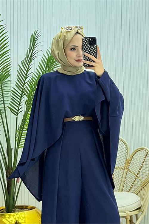 Neşeli butik kadın pelerinli kemer detaylı tesettür tulum NMS061