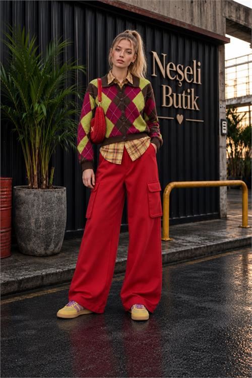 Neşeli butik kadın kırmızı kolej tarzı baklava desenli düğmeli triko hırka NBHT06