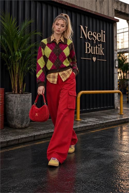 Neşeli butik kadın kırmızı kolej tarzı baklava desenli düğmeli triko hırka NBHT06