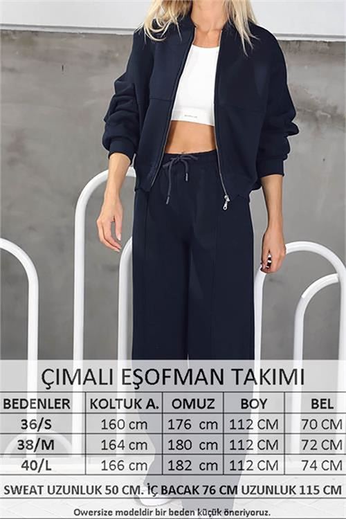 Neşeli butik kadın penye 3 iplik şardonlu kumaş eşofman takımı GTS022 - Lacivert