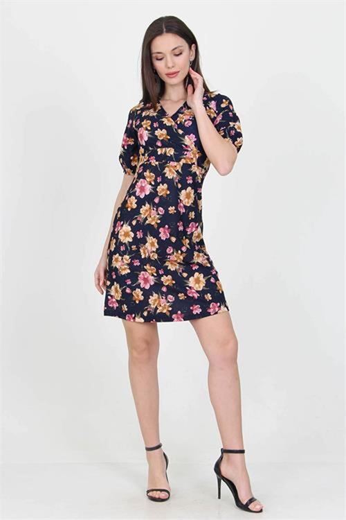Neşeli butik kadın kruvaze yaka çiçek desenli örme krep mini elbise NB100221
