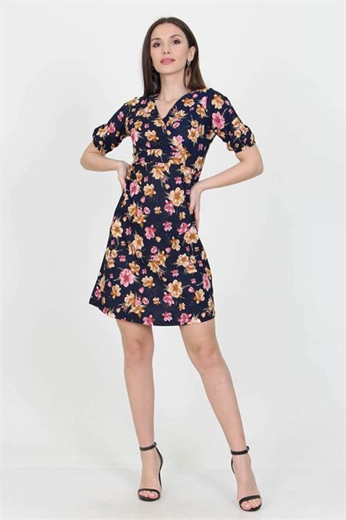 Neşeli butik kadın kruvaze yaka çiçek desenli örme krep mini elbise NB100221