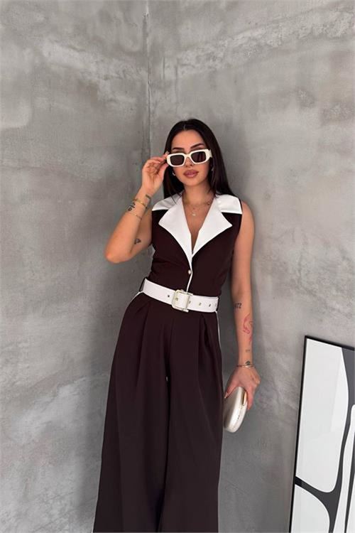 Neşeli butik kadın kahverengi çift renkli kemerli şerit detaylı tam boy kolsuz tulum NBK087