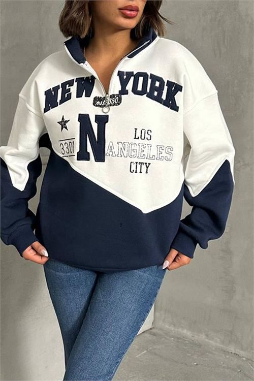 Neşeli butik kadın lacivert fermuarlı New york sweat NBG050