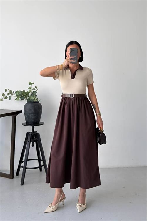 Neşeli butik kadın kahverengi gömlek yaka kemerli midi boy rahat kesim yazlık elbise NBG135