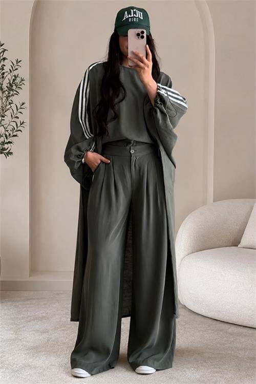 Neşeli butik kadın haki şerit detaylı oversize tunik pantolon ikili tesettür takım NMS102