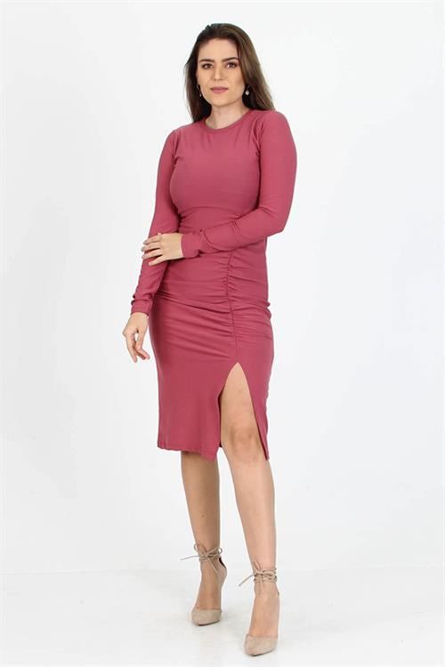 Neşeli butik kadın yırtmaç detaylı midi boy örme krep elbise SHNZ11