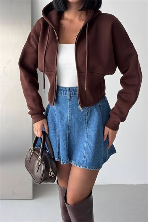 Neşeli butik kadın kahverengi 3 iplik şardonlu kapüşonlu fermuarlı crop sweatshirt NBG6224