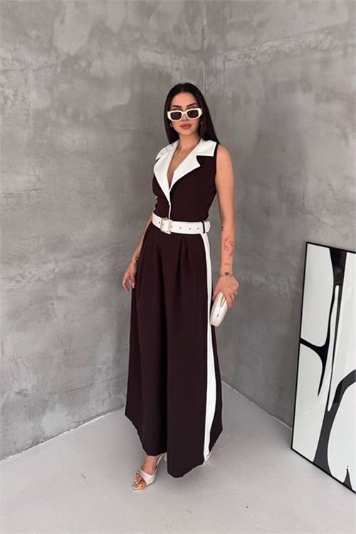 Neşeli butik kadın kahverengi çift renkli kemerli şerit detaylı tam boy kolsuz tulum NBK087